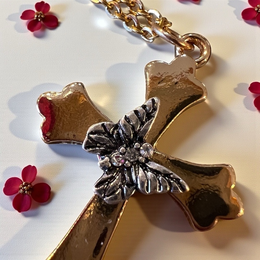 Gold and Silver Toned Cross and Butterfly Pendant Necklace - Picture 12 of 17